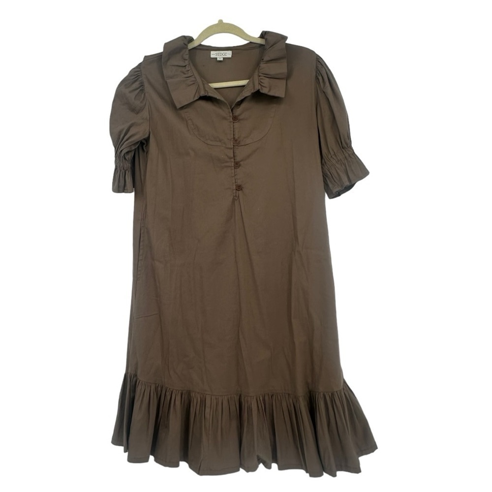 S'Edge Erin Puff Sleeve Dress in Brown Size XSmall Preppy Spring Summer Cotton